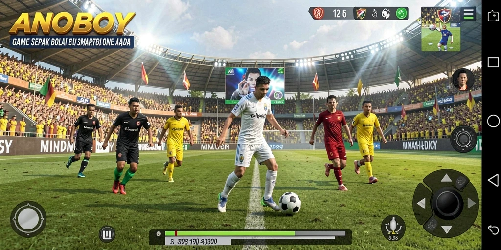 Tangkapan layar ANOBOY memperlihatkan aksi seru gameplay sepak bola.