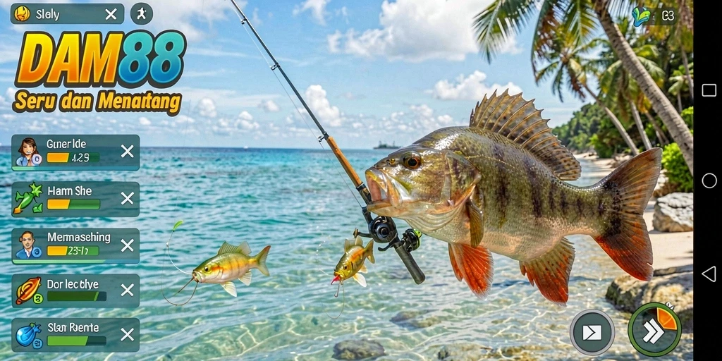 Screenshot gameplay DAM88 dengan berbagai lokasi memancing yang menarik.