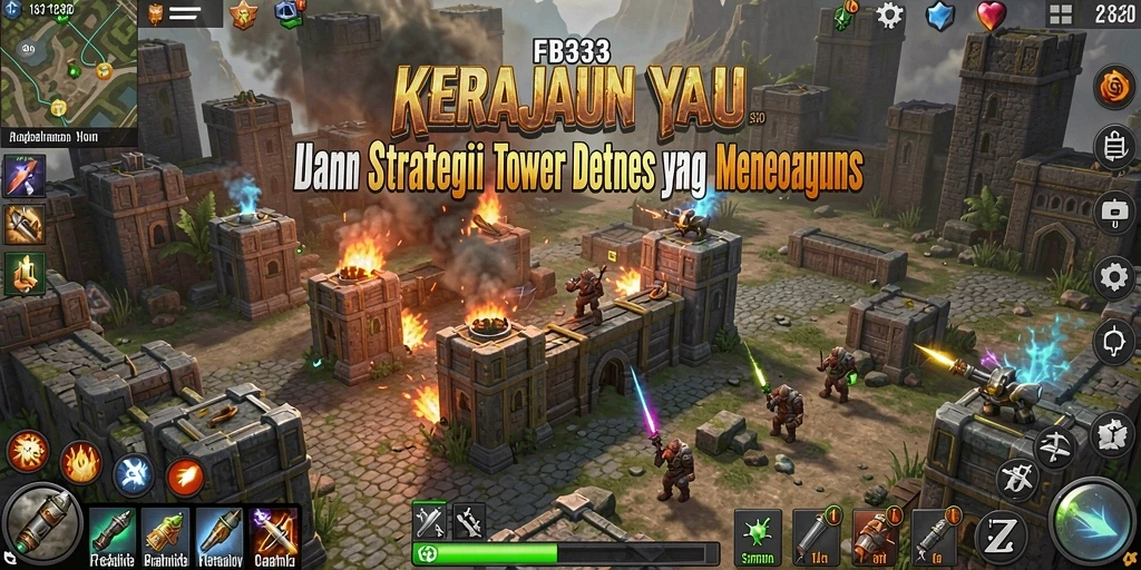 Tangkapan layar menampilkan menara dan musuh dalam pertempuran Tower Defense.