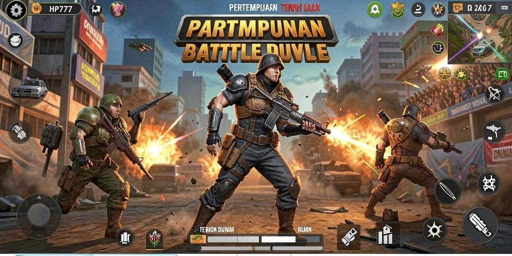 Gameplay mendebarkan dalam pertempuran Battle Royale yang intens.
