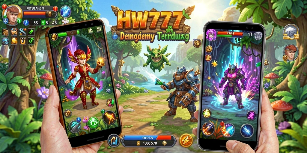 Screenshot HW777 menampilkan karakter menjelajahi dunia petualangan.