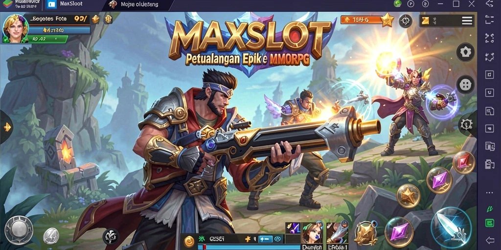 Screenshot gameplay MAXSLOT menampilkan pertarungan epik antara karakter pemain dan monster.