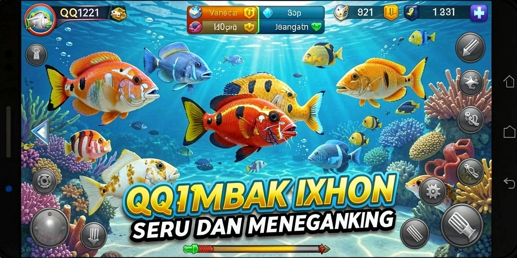 Tampilan gameplay seru dalam QQ1221 saat menembak ikan.