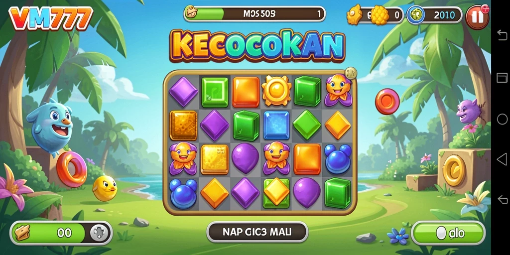 Gameplay VM777 yang menarik dengan level Match-3 penuh warna.
